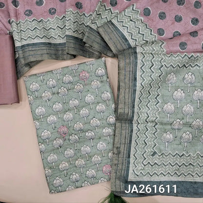 Floral printed sage Green premium semi tussar unstitched salwar material (lining needed) embroidery work on front, salmon pink silk cotton bottom, polka dots semi tussar dupatta with floral print pallu. JA261611