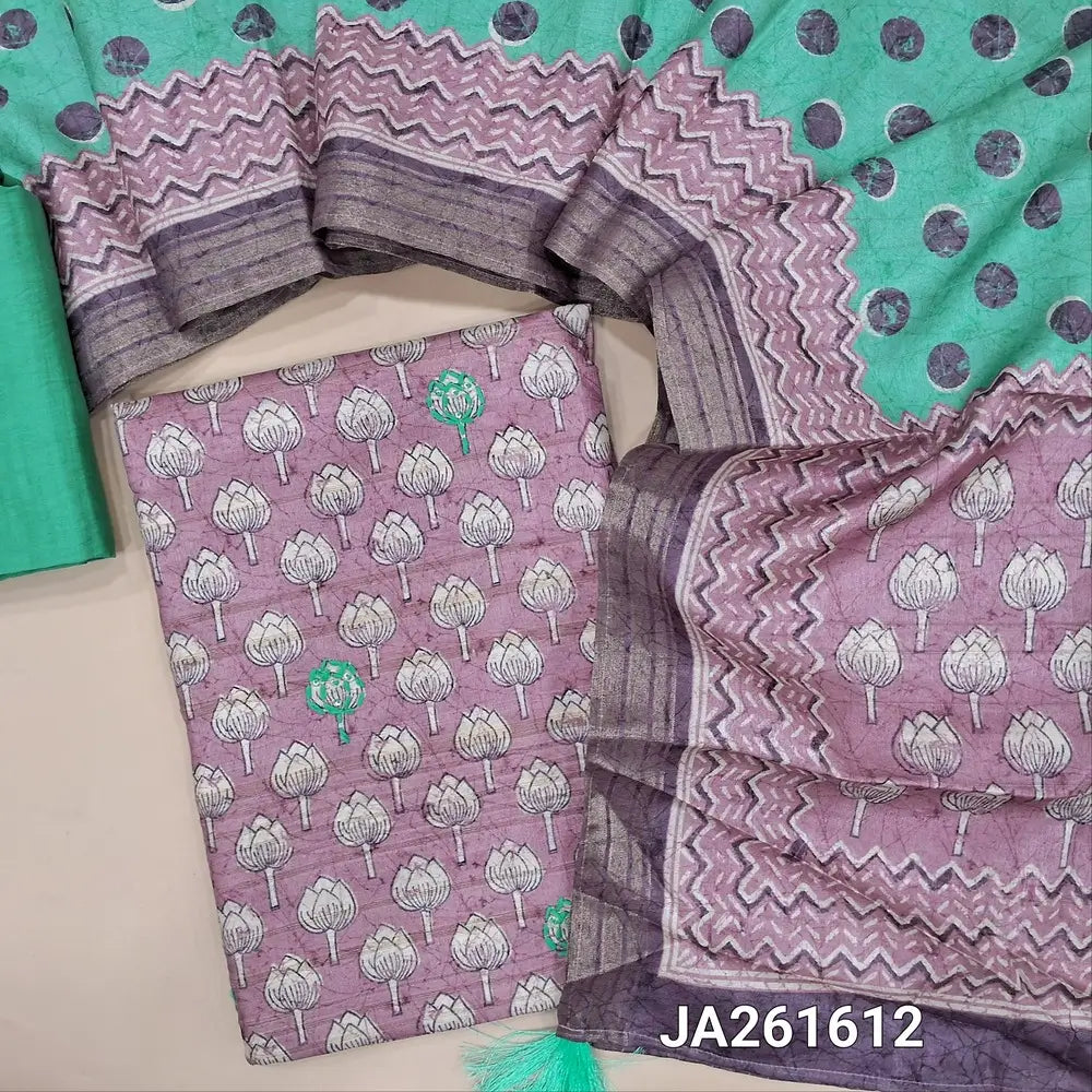 Floral printed Mauve premium semi tussar unstitched salwar material (lining needed) embroidery work on front, sea green silk cotton bottom, polka dots semi tussar dupatta with floral print pallu. JA261612