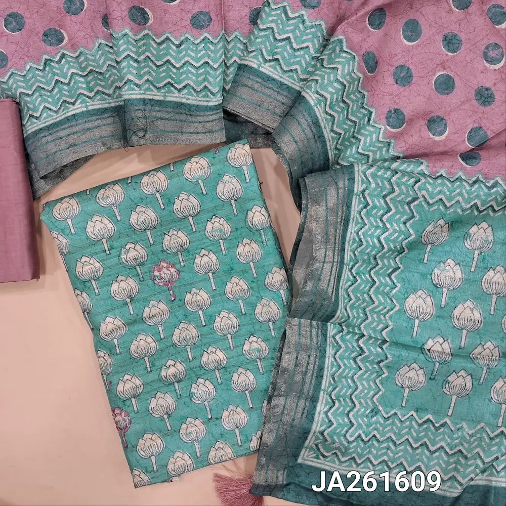 Floral printed paste Blue premium semi tussar unstitched salwar material (lining needed) embroidery work on front, beige silk cotton bottom, polka dots semi tussar dupatta with floral print pallu. JA261609