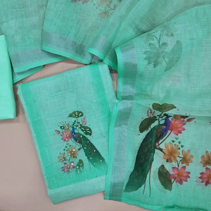 Pastel Blue semi linen unstitched salwar material, digital prints with embroidery work (Thin, Lining Needed) Matching silky bottom, digital printed semi linne dupatta. JA261710