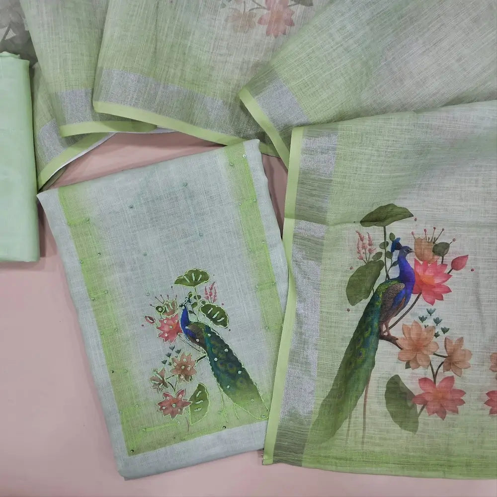 Pastel Green semi linen unstitched salwar material, digital prints with embroidery work (Thin, Lining Needed) Matching silky bottom, digital printed semi linne dupatta. JA261712