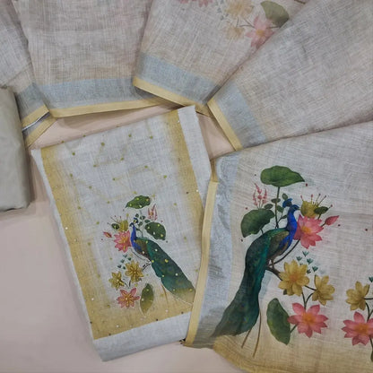 Light beige semi linen unstitched salwar material, digital prints with embroidery work (Thin, Lining Needed) Matching silky bottom, digital printed semi linne dupatta. JA261713