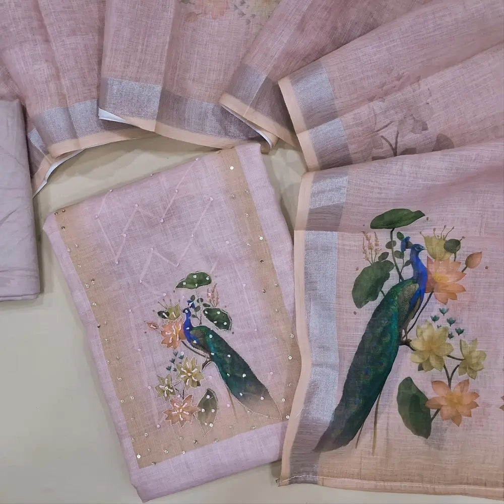 Pastel Pink semi linen unstitched salwar material, digital prints with embroidery work (Thin, Lining Needed) Matching silky bottom, digital printed semi linne dupatta. JA261711