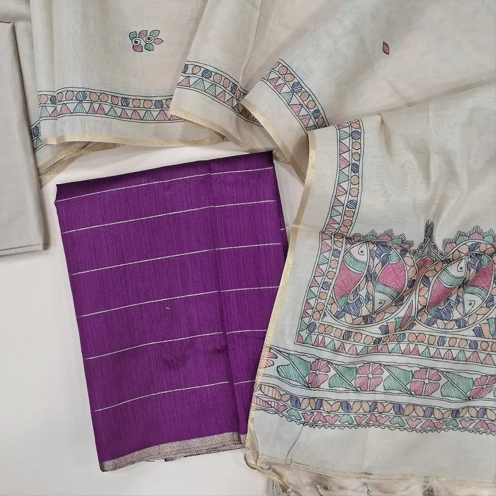 Dark Purple fancy art silk unstitched salwar material (textured, lining needed) zari lines all over, beige silky bottom, digital printed fancy silk cotton dupatta. JA261701