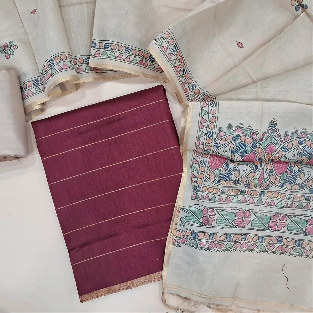 Dark maroon fancy art silk unstitched salwar material (textured, lining needed) zari lines all over, beige silky bottom, digital printed fancy silk cotton dupatta. JA261705