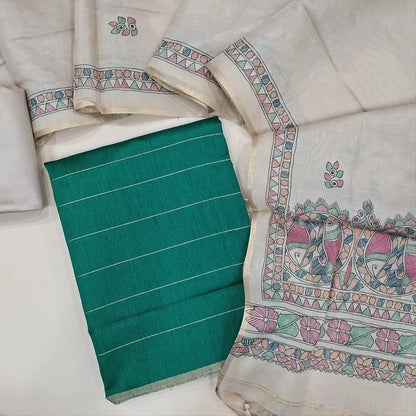 Peacock Green fancy art silk unstitched salwar material (textured, lining needed) zari lines all over, beige silky bottom, digital printed fancy silk cotton dupatta. JA261702