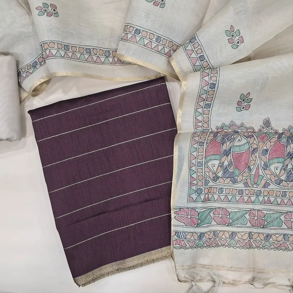 Deep Wine Purple fancy art silk unstitched salwar material (textured, lining needed) zari lines all over, beige silky bottom, digital printed fancy silk cotton dupatta. JA261703