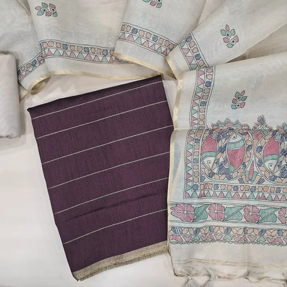 Deep Wine Purple fancy art silk unstitched salwar material (textured, lining needed) zari lines all over, beige silky bottom, digital printed fancy silk cotton dupatta. JA261703