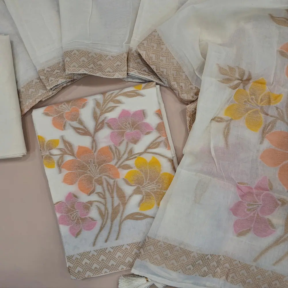 Half white jamdani woven pure cotton unstitched salwar material (Thin, Lining Needed) handweaving all over, matching cotton bottom, full length pure premium cotton jamdani woven dupatta. JA261718