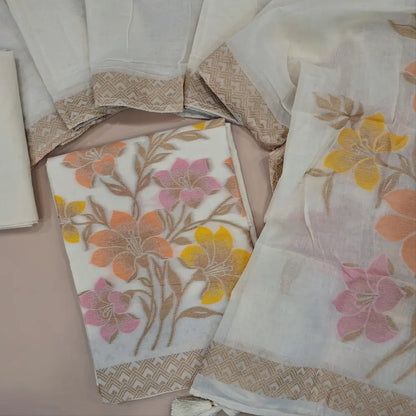 Half white jamdani woven pure cotton unstitched salwar material (Thin, Lining Needed) handweaving all over, matching cotton bottom, full length pure premium cotton jamdani woven dupatta. JA261718