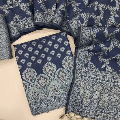 Dark Blue silk cotton unstitched salwar material(lining needed) brocade woven all over, brocade silk cotton bottom, premium soft silk cotton full length dupatta with brocade woven and tassels. JA261715