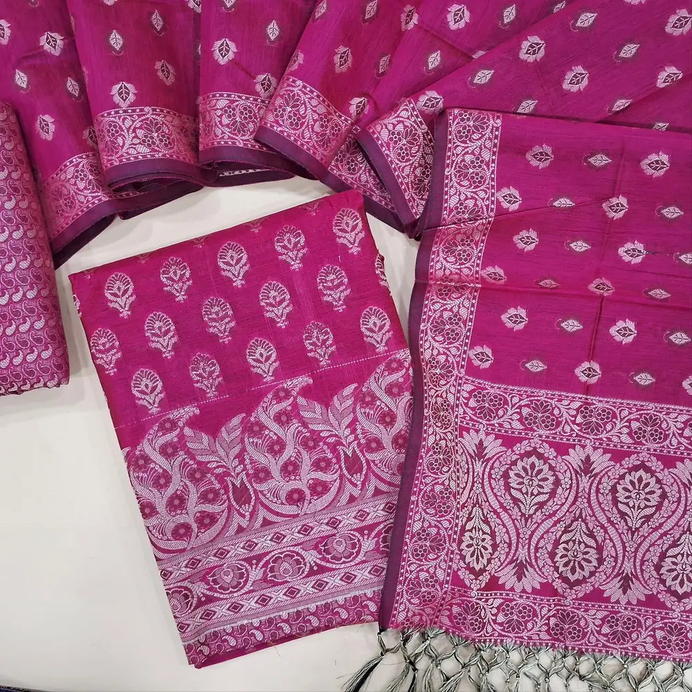 Pink silk cotton unstitched salwar material(lining needed) brocade woven all over, brocade silk cotton bottom, premium soft silk cotton full length dupatta with brocade woven and tassels. JA261714