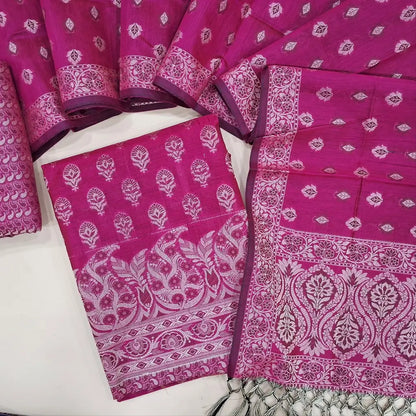 Pink silk cotton unstitched salwar material(lining needed) brocade woven all over, brocade silk cotton bottom, premium soft silk cotton full length dupatta with brocade woven and tassels. JA261714