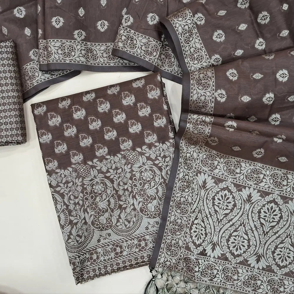 Brown silk cotton unstitched salwar material(lining needed) brocade woven all over, brocade silk cotton bottom, premium soft silk cotton full length dupatta with brocade woven and tassels. JA261717