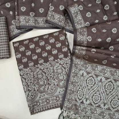 Brown silk cotton unstitched salwar material(lining needed) brocade woven all over, brocade silk cotton bottom, premium soft silk cotton full length dupatta with brocade woven and tassels. JA261717