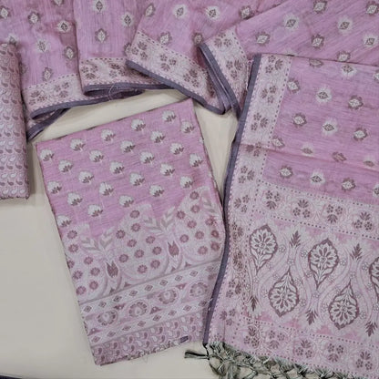 Pastel Pink silk cotton unstitched salwar material(lining needed) brocade woven all over, brocade silk cotton bottom, premium soft silk cotton full length dupatta with brocade woven and tassels. JA261716