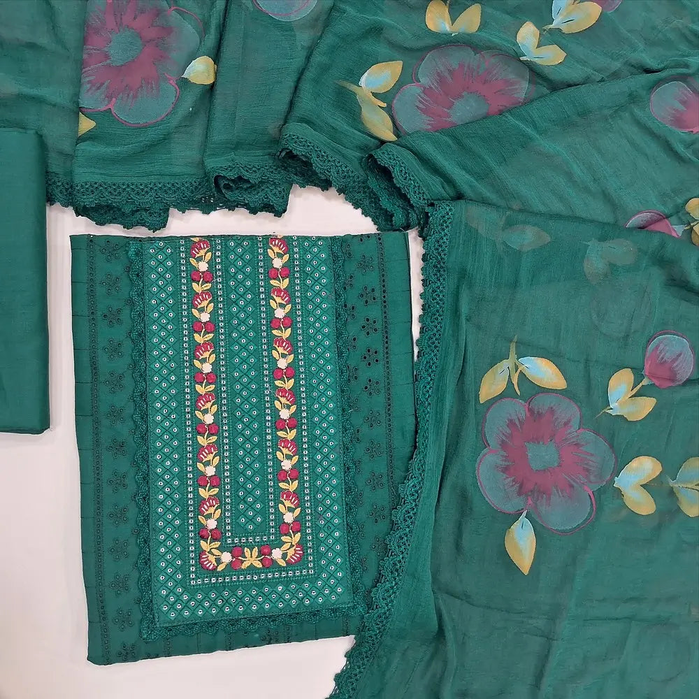 Dark Green schiffli embroidered cotton unstitched salwar material, embroidery& sequins work on yoke(lining needed) matching cotton bottom, brush painted fancy chiffon dupatta with lace tapings. JA261720