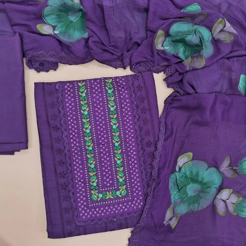 Dark purple schiffli embroidered cotton unstitched salwar material, embroidery& sequins work on yoke(lining needed) matching cotton bottom, brush painted fancy chiffon dupatta with lace tapings. JA261719