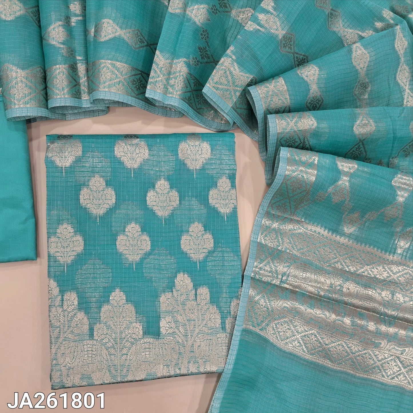 Pastel Blue kota silk cotton benarasi zari woven unstitched salwar material (Lightweight, thin, lining needed) heavy weaving all over, matching silky bottom, benarasi zari woven kota silk cotton dupatta. JA261801