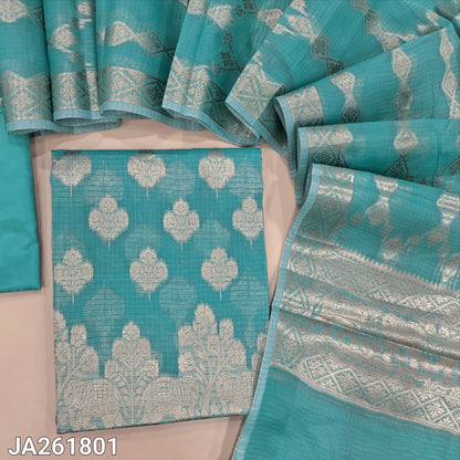 Pastel Blue kota silk cotton benarasi zari woven unstitched salwar material (Lightweight, thin, lining needed) heavy weaving all over, matching silky bottom, benarasi zari woven kota silk cotton dupatta. JA261801
