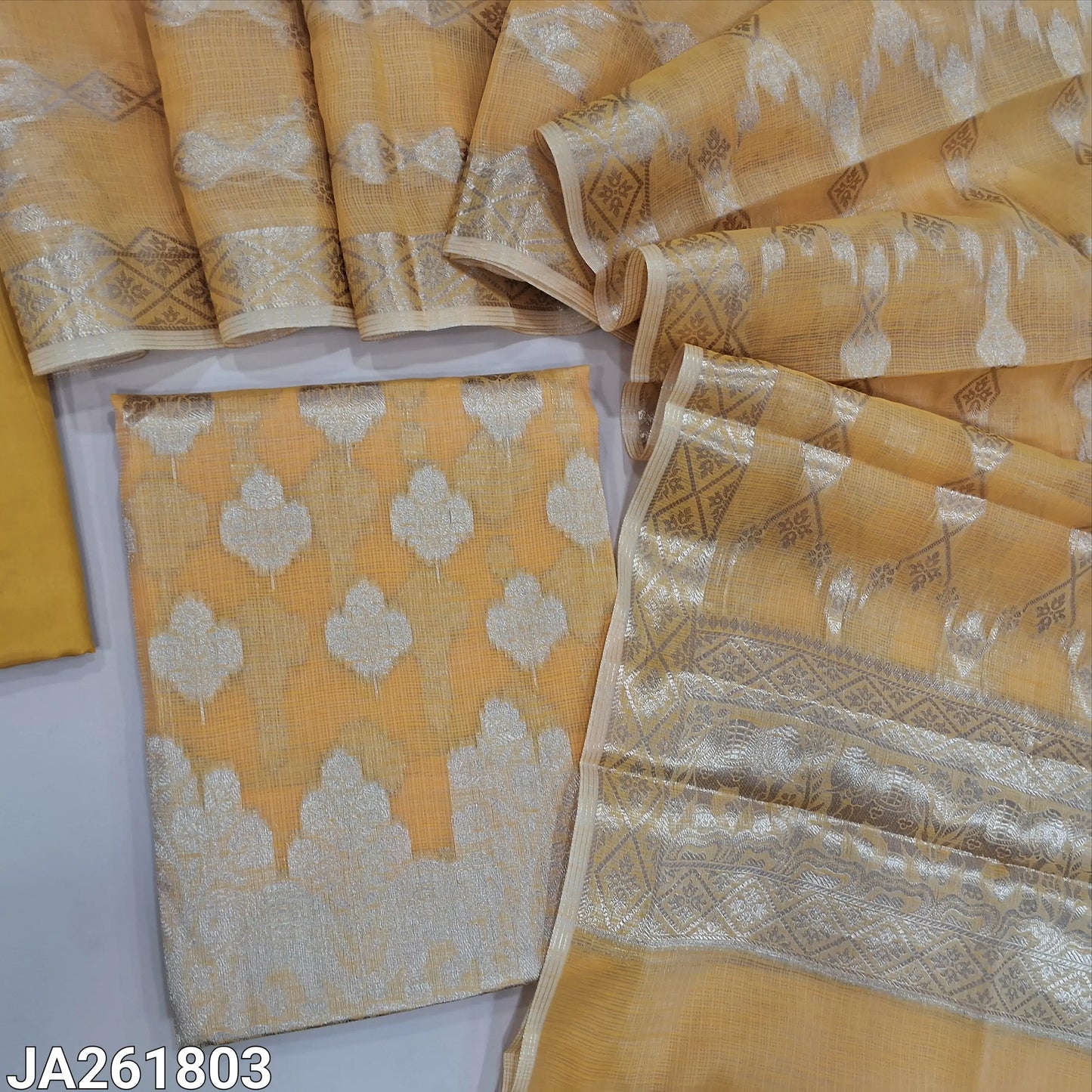 Pastel yellow kota silk cotton benarasi zari woven unstitched salwar material (Lightweight, thin, lining needed) heavy weaving all over, matching silky bottom, benarasi zari woven kota silk cotton dupatta. JA261803