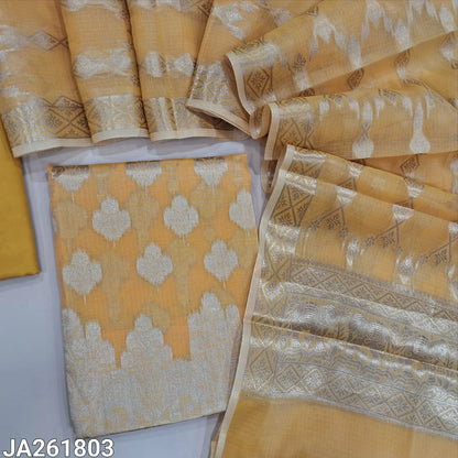Pastel yellow kota silk cotton benarasi zari woven unstitched salwar material (Lightweight, thin, lining needed) heavy weaving all over, matching silky bottom, benarasi zari woven kota silk cotton dupatta. JA261803