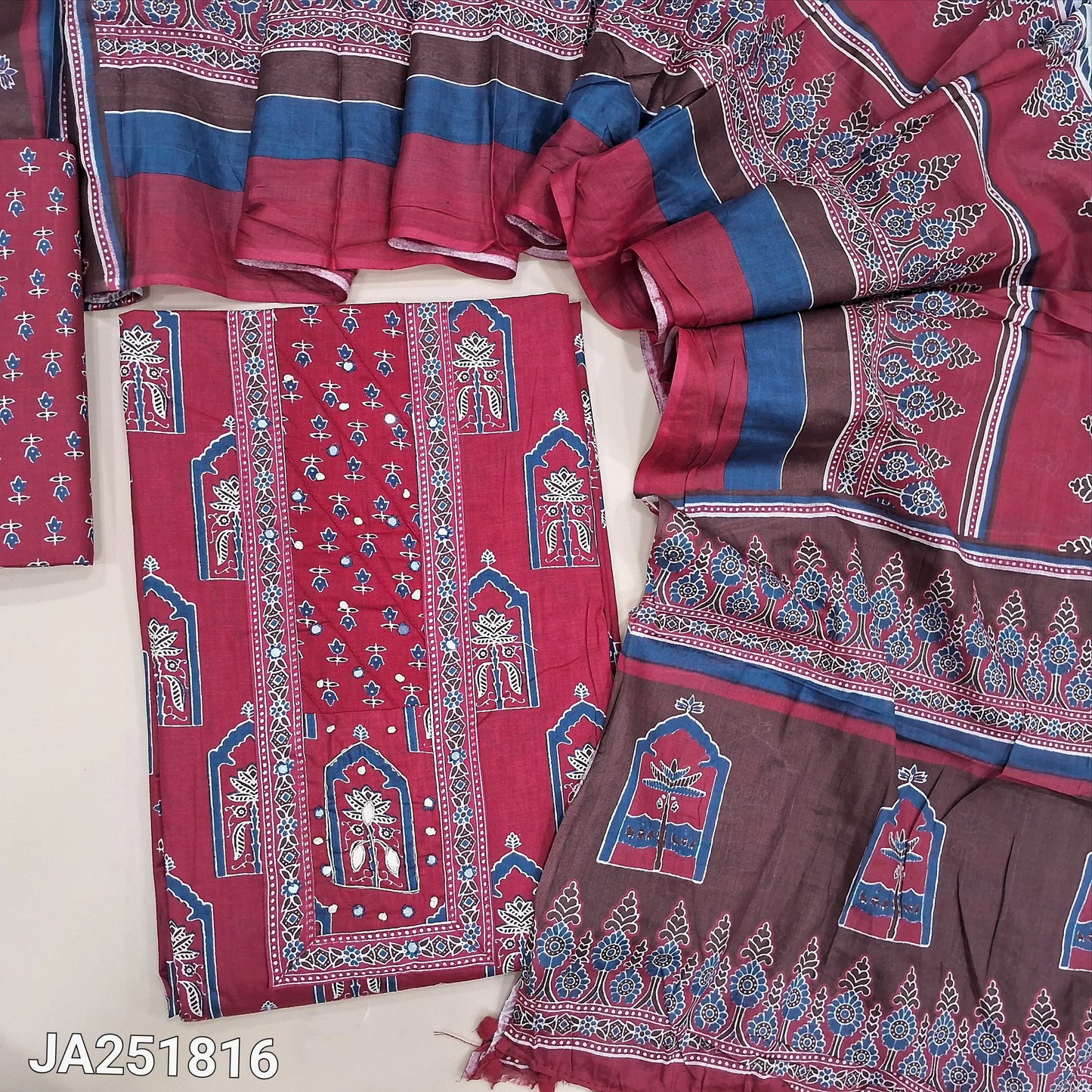 Red pure soft cotton digital printed unstitched salwar material, simple yoke with faux mirror work (Thin, Lining optional) printed cotton bottom and dupatta. JA261816