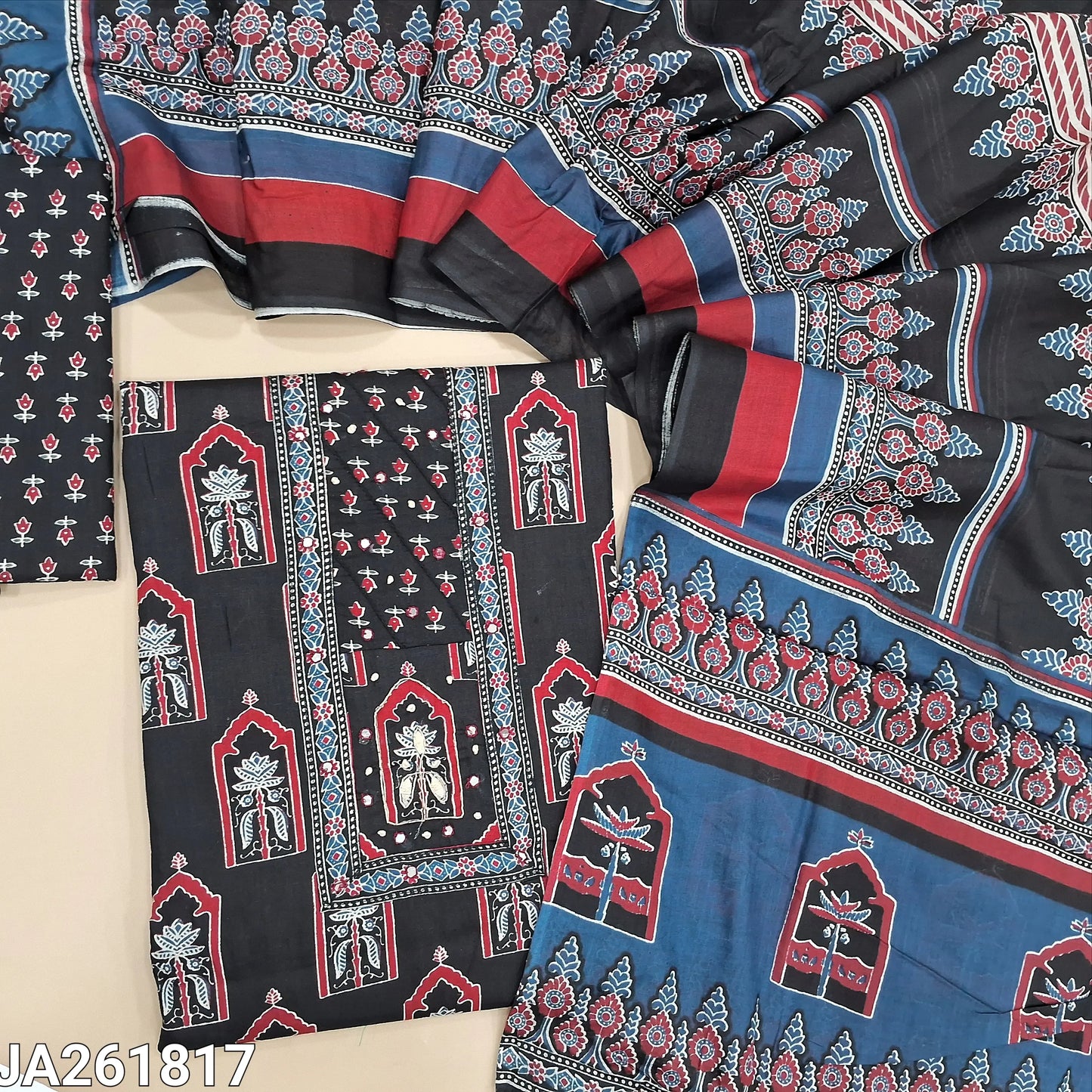 Black pure soft cotton digital printed unstitched salwar material, simple yoke with faux mirror work (Thin, Lining optional) printed cotton bottom and dupatta. JA261817