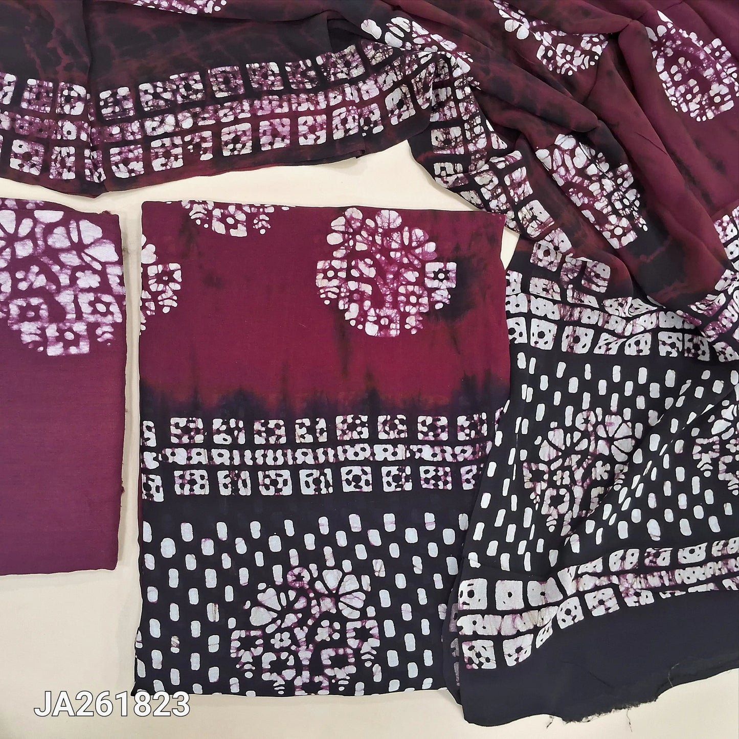 Dark Pink with black original wax batik dyed crepe georgette unstitched salwar material (Thin, Lining Needed) Batik dyed santoon bottom, pure crepe georgette full length batik dupatta (TAPINGS NEEDED). JA261821