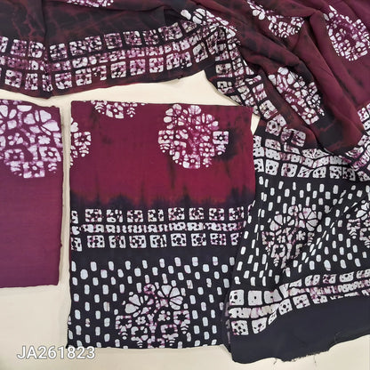 Dark Pink with black original wax batik dyed crepe georgette unstitched salwar material (Thin, Lining Needed) Batik dyed santoon bottom, pure crepe georgette full length batik dupatta (TAPINGS NEEDED). JA261821