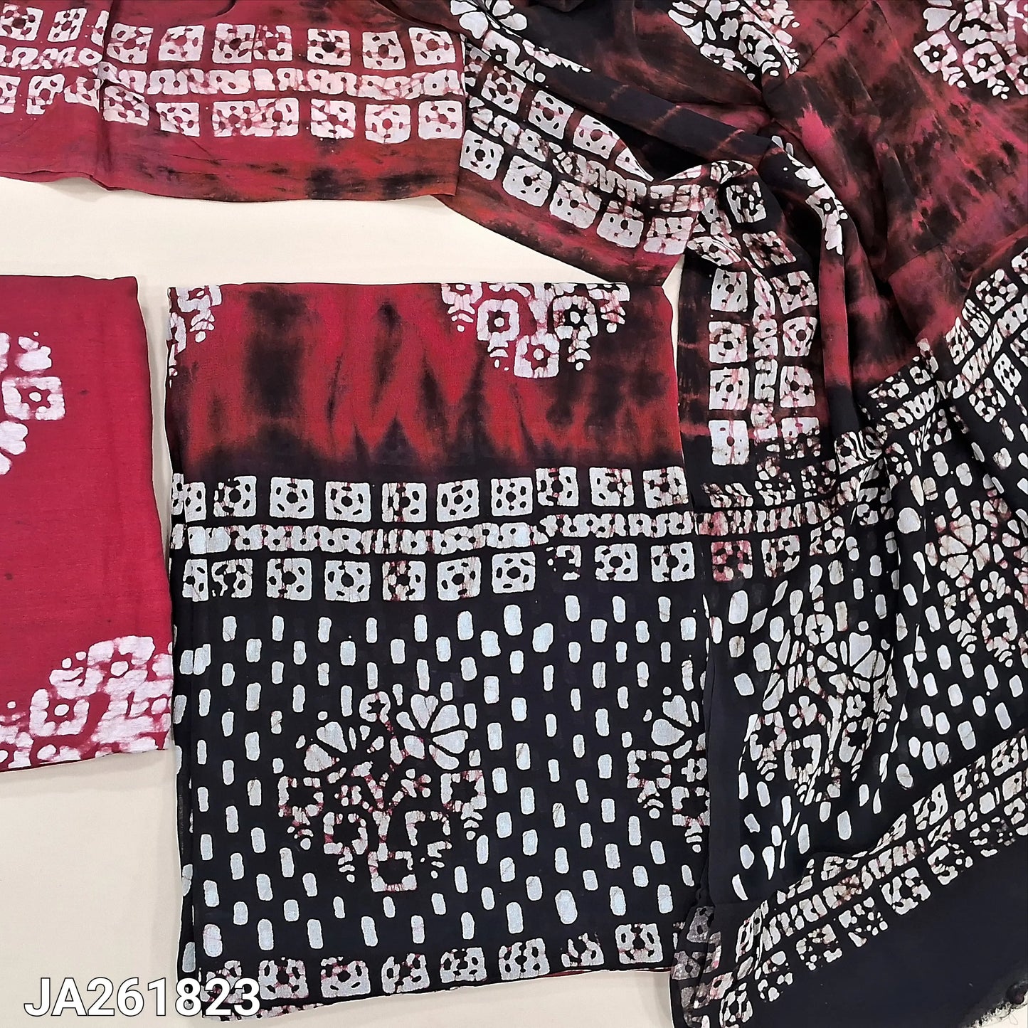 Reddish maroon original wax batik dyed crepe georgette unstitched salwar material (Thin, Lining Needed) Batik dyed santoon bottom, pure crepe georgette full length batik dupatta (TAPINGS NEEDED). JA261823