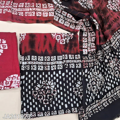 Reddish maroon original wax batik dyed crepe georgette unstitched salwar material (Thin, Lining Needed) Batik dyed santoon bottom, pure crepe georgette full length batik dupatta (TAPINGS NEEDED). JA261823