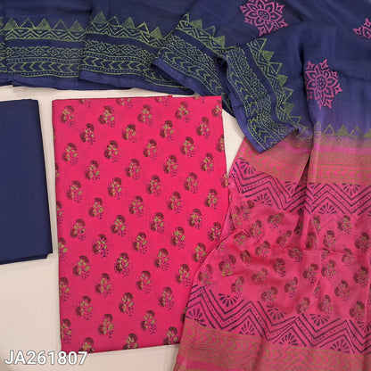 Bright pink soft cotton hand block printed unstitched salwar material (Thin, Lining Needed) contrast dark blue cotton bottom, block printed dual shaded chiffon dupatta. JA261807