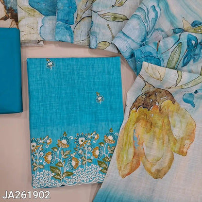 Pastel Blue embroidered semi linen unstitched salwar material, embroidered daman (Textured, Lining Needed) Matching Spun cotton bottom, digital printed semi linen dupatta with gold tissue borders. JA261902