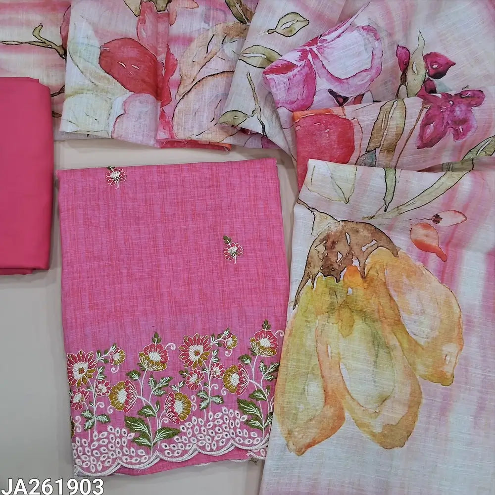 Bright Pink embroidered semi linen unstitched salwar material, embroidered daman (Textured, Lining Needed) Matching Spun cotton bottom, digital printed semi linen dupatta with gold tissue borders. JA261903