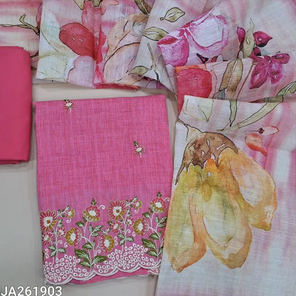 Bright Pink embroidered semi linen unstitched salwar material, embroidered daman (Textured, Lining Needed) Matching Spun cotton bottom, digital printed semi linen dupatta with gold tissue borders. JA261903