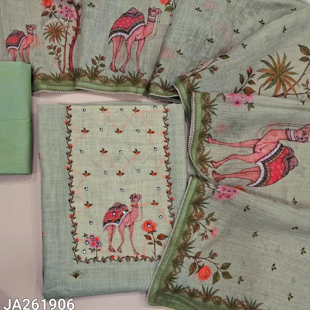 Pastel Green digital printed semi linne unstitched salwar material, embroidery work on yoke (Textured, lining needed)Soft cotton bottom, digital printed semi linen dupatta. JA261906