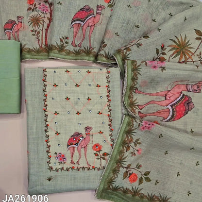 Pastel Green digital printed semi linne unstitched salwar material, embroidery work on yoke (Textured, lining needed)Soft cotton bottom, digital printed semi linen dupatta. JA261906