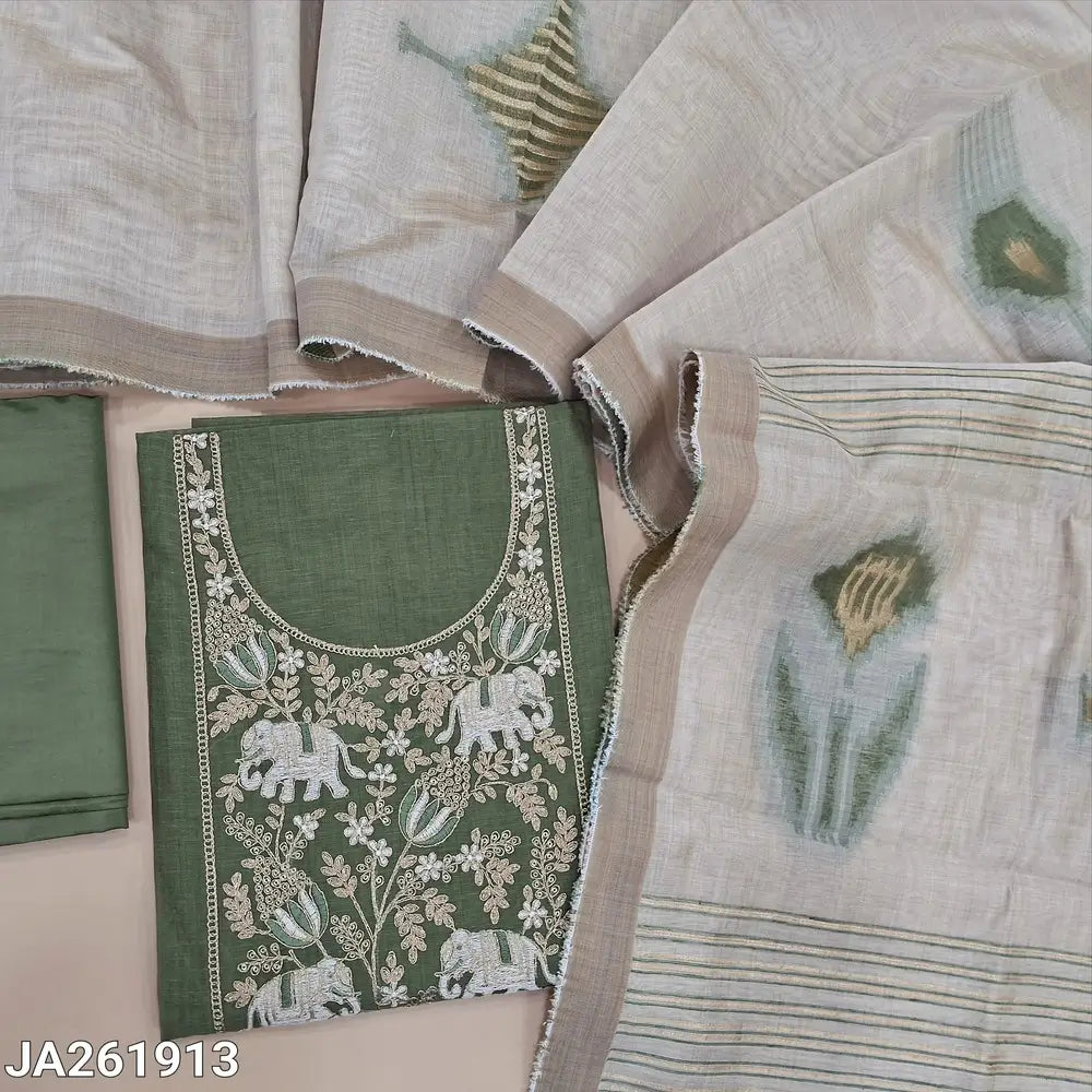 Sage green silk cotton unstitched salwar material, embroidery work on yoke with zari and sequins work (Lining Needed) Matching silky bottom, premium silk cotton jamdani woven dupatta (REQUIRES TAPINGS). JA261913
