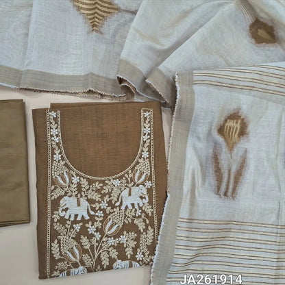 Honey Brown silk cotton unstitched salwar material, embroidery work on yoke with zari and sequins work (Lining Needed) Matching silky bottom, premium silk cotton jamdani woven dupatta (REQUIRES TAPINGS). JA261914