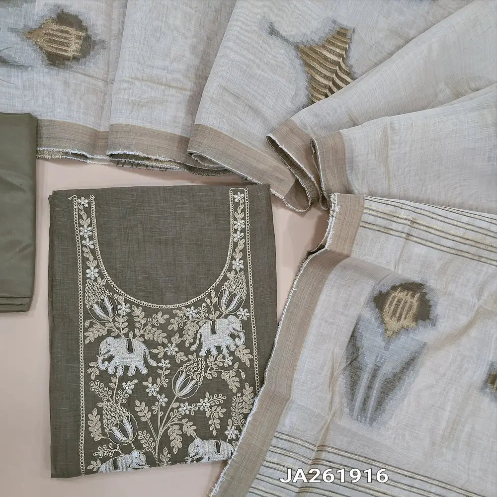 Grey silk cotton unstitched salwar material, embroidery work on yoke with zari and sequins work (Lining Needed) Matching silky bottom, premium silk cotton jamdani woven dupatta (REQUIRES TAPINGS). JA261916
