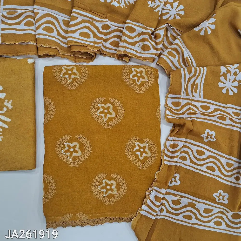 Mehandhi yellow pure crepe georgette original wax batik dyed unstitched salwar material (Thin, Lining Needed) Batik dyed santoon bottom, crepe georgette dupatta (REQUIRES TAPINGS). JA261919