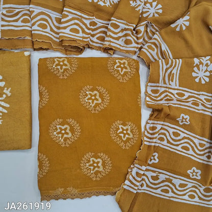 Mehandhi yellow pure crepe georgette original wax batik dyed unstitched salwar material (Thin, Lining Needed) Batik dyed santoon bottom, crepe georgette dupatta (REQUIRES TAPINGS). JA261919