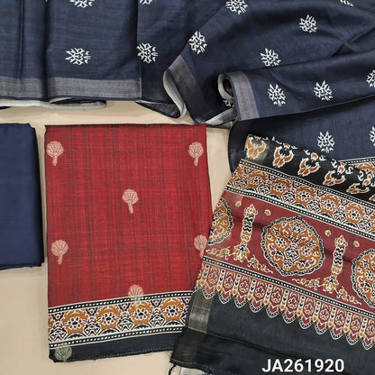 Premium Maroon tussar silk unstitched salwar material (lining needed) zari buttas allover, dark blue silk cotton bottom, digital printed tussar silk dupatta with tassels. JA261920