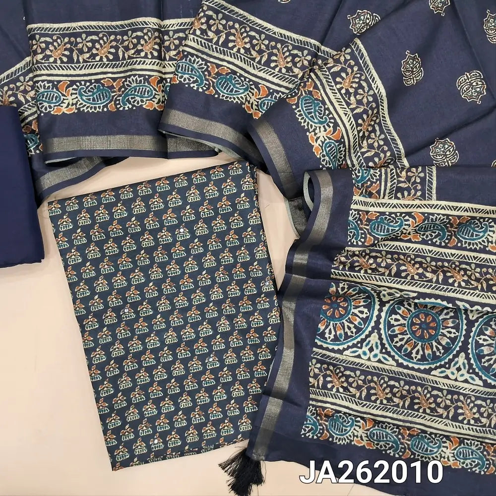 Dark Blue semi gicha unstitched salwar material, digital printed with faux mirror work on front (Thin, Lining Needed) silk cotton bottom, digital printed soft silk cotton dupatta with thin tissue borders. JA262010