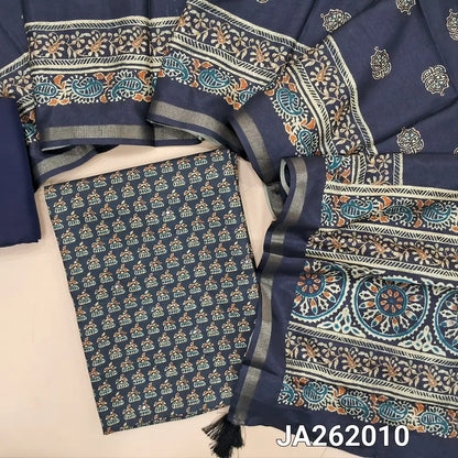 Dark Blue semi gicha unstitched salwar material, digital printed with faux mirror work on front (Thin, Lining Needed) silk cotton bottom, digital printed soft silk cotton dupatta with thin tissue borders. JA262010