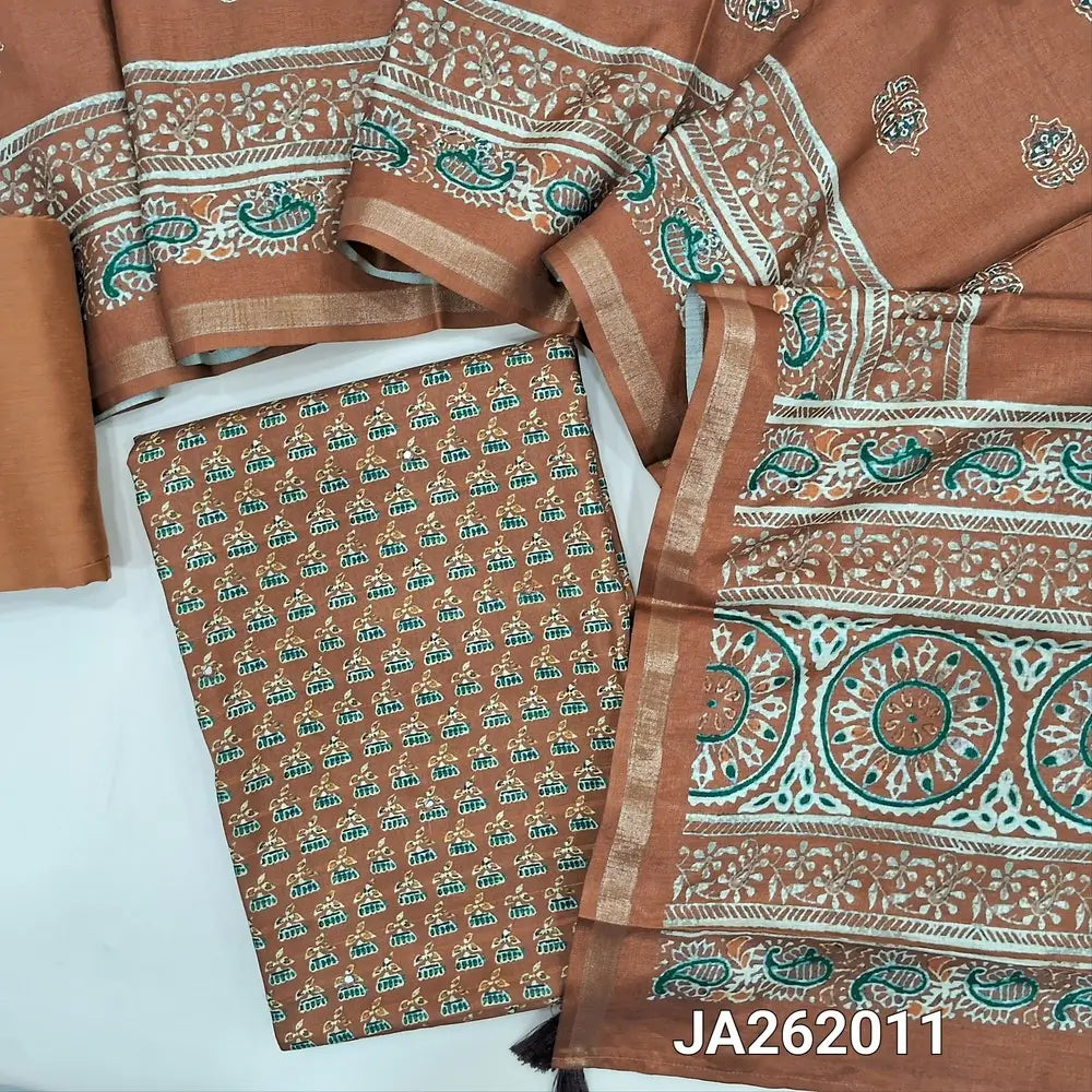 Light Brown semi gicha unstitched salwar material, digital printed with faux mirror work on front (Thin, Lining Needed) silk cotton bottom, digital printed soft silk cotton dupatta with thin tissue borders. JA262011