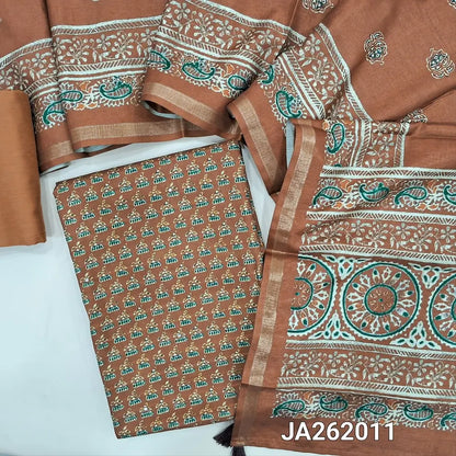 Light Brown semi gicha unstitched salwar material, digital printed with faux mirror work on front (Thin, Lining Needed) silk cotton bottom, digital printed soft silk cotton dupatta with thin tissue borders. JA262011