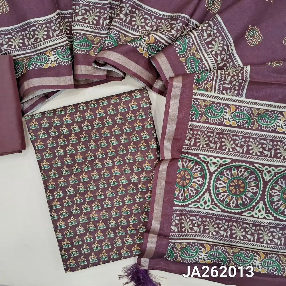 Deep wine purple semi gicha unstitched salwar material, digital printed with faux mirror work on front (Thin, Lining Needed) silk cotton bottom, digital printed soft silk cotton dupatta with thin tissue borders. JA262013