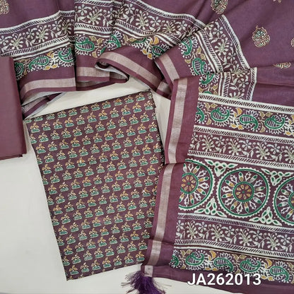 Deep wine purple semi gicha unstitched salwar material, digital printed with faux mirror work on front (Thin, Lining Needed) silk cotton bottom, digital printed soft silk cotton dupatta with thin tissue borders. JA262013